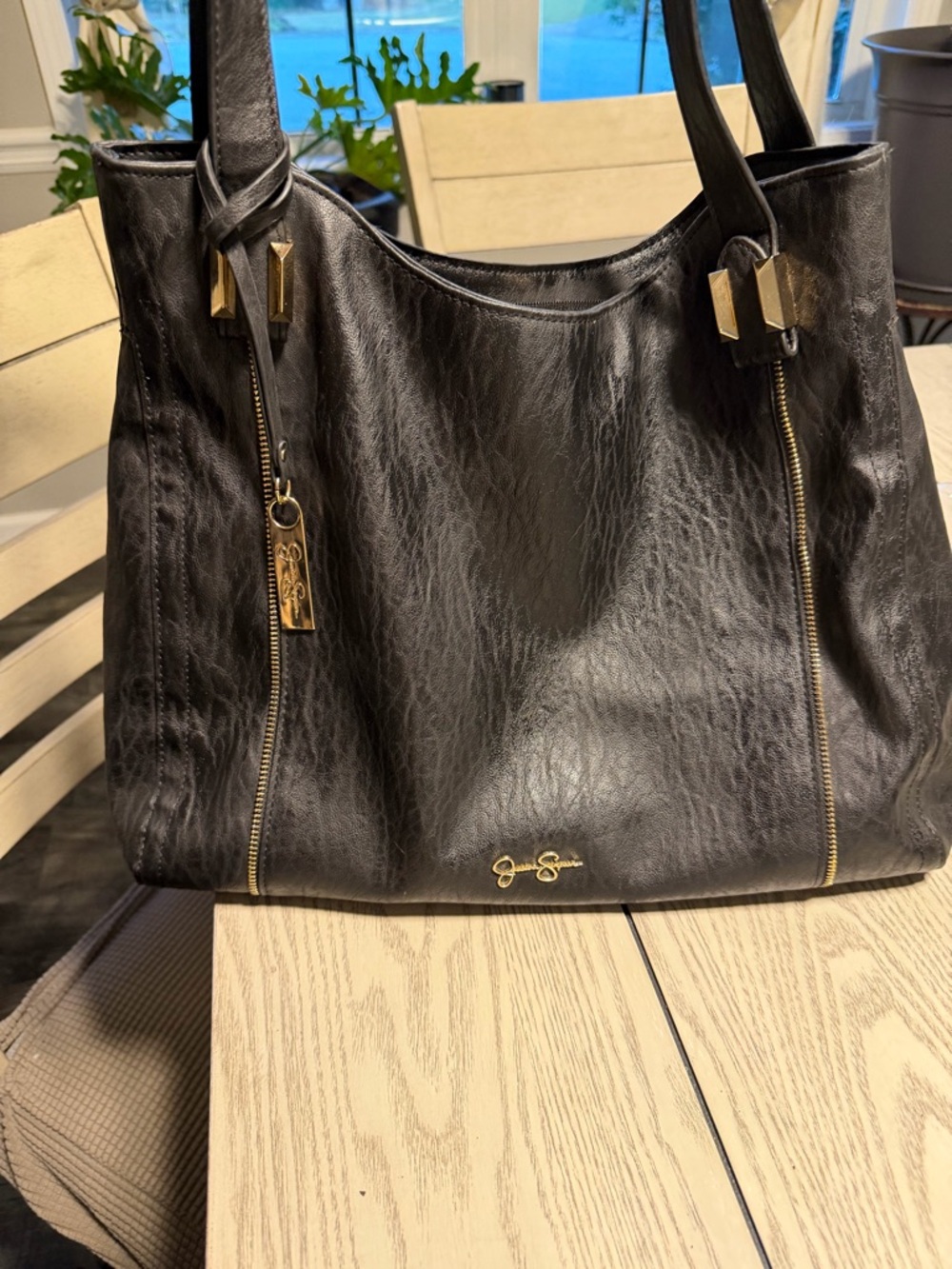 Jessica Simpson Black Leather Tote with Gold Hardware